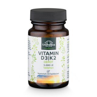 Vitamin D3 / K2 5000 I.E. Depot - 125 µg D3 und 100 µg K2 pro 5 Tagesdosis (Jeden 5. Tag eine Tablette) - 180 Tabletten - von Unimedica