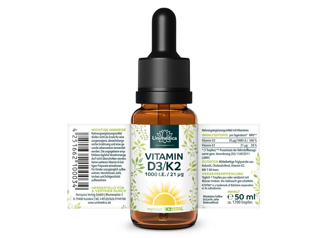 Vitamin D3 / K2 MK7 All-trans - K2VITAL® - D3 1000 I.E. 25 µg  / K2 21 µg pro Tagesdosis (täglich 1 Tropfen) - 50 ml - von Unimedica