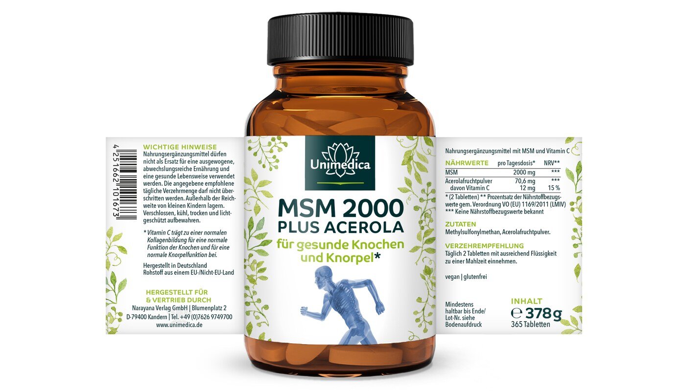 MSM plus Acerola 2000 - für gesunde Knochen und Knorpel* - 2000 mg MSM pro Tagesdosis (2 Tabletten) - 365 Tabletten - von Unimedica
