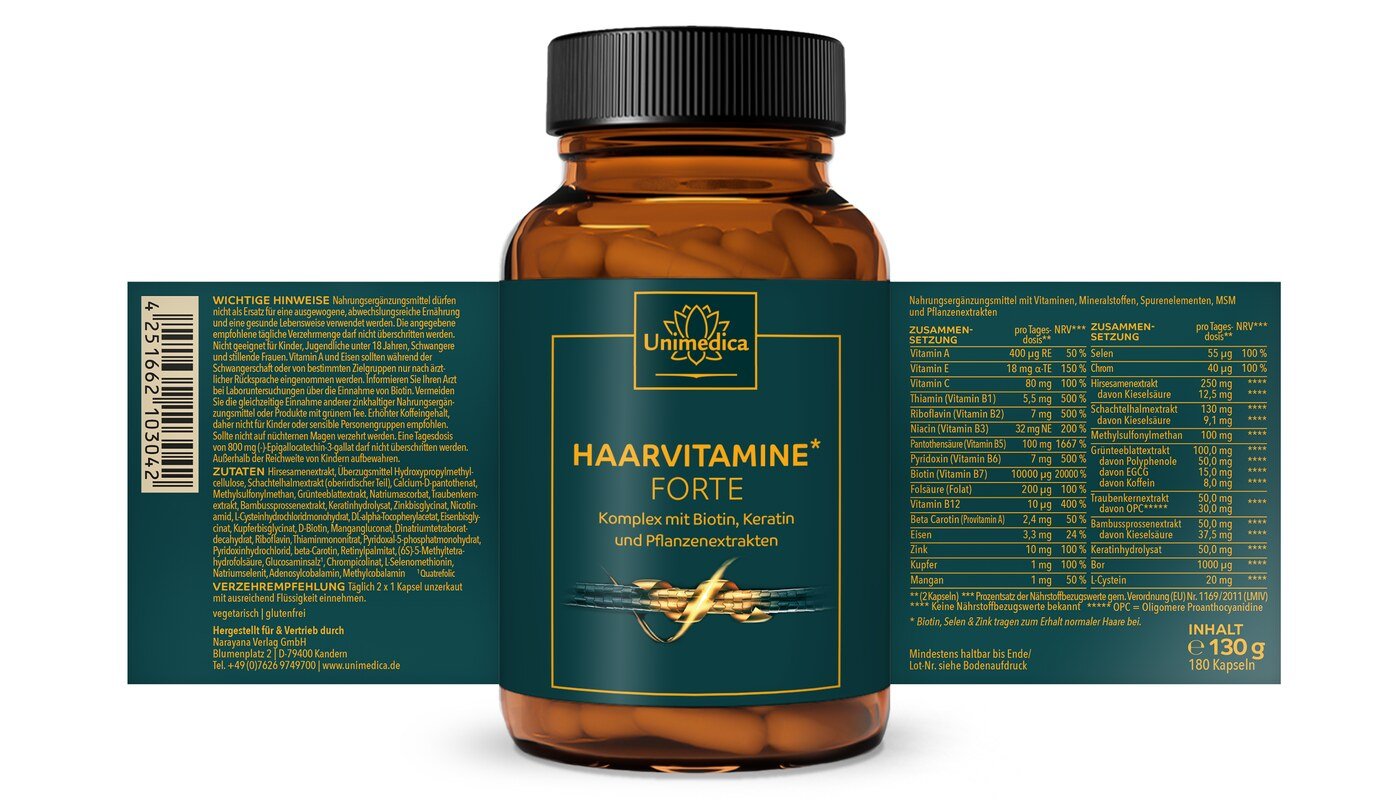 Haarvitamine forte - Komplex mit Biotin, Vitaminen und Keratin - 180 Kapseln - von Unimedica