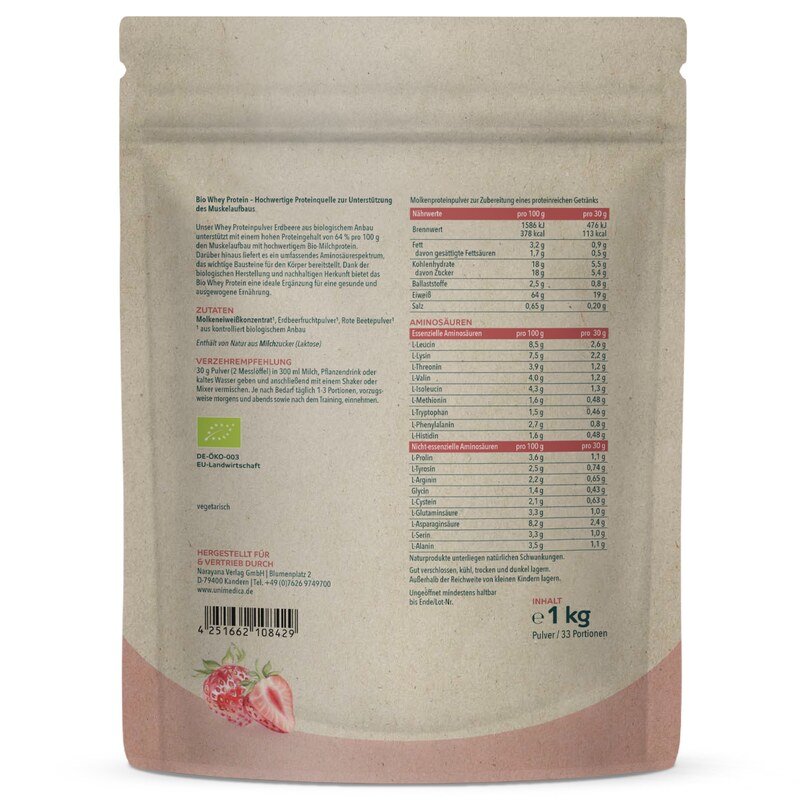 Starter-Set: Bio Whey Protein - Erdbeere - 64 % Protein - 1 kg + Unimedica Protein Shaker - 500 ml - von Unimedica