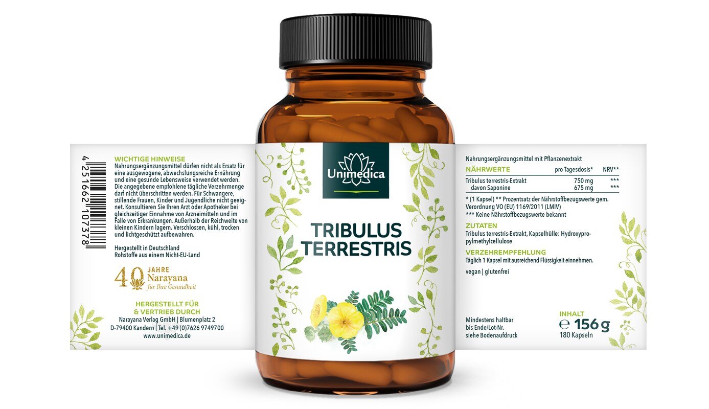 2er-Sparset: Tribulus Terrestris - mit 90 % Saponinen - 750 mg Tribulus terrestris-Extrakt pro Tagesdosis (1 Kapsel) - 2 x 180 Kapseln - von Unimedica