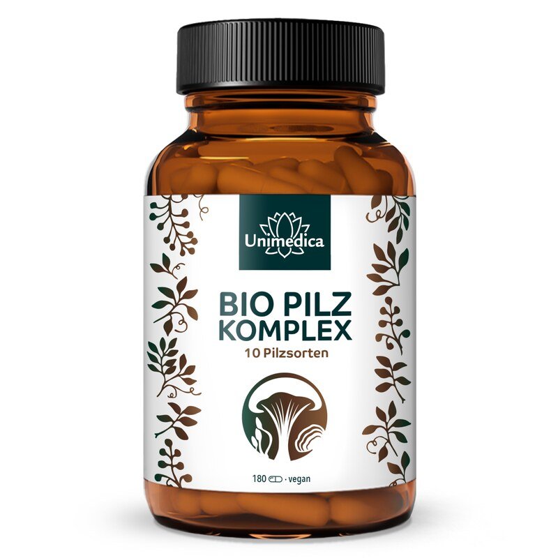 Bio Pilz Komplex - mit 10 Pilzsorten - u.a. Cordyceps, Shiitake, Reishi, Löwenmähne, Chaga, Hericium - 180 Kapseln - von Unimedica