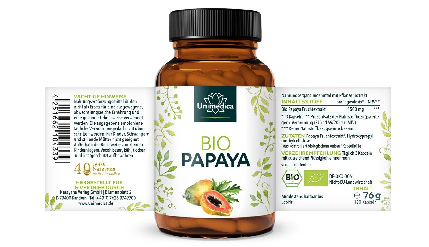 2er-Sparset: Bio Papaya Extrakt - 1.500 mg pro Tagesdosis (3 Kapseln) - 2 x 120 Kapseln - von Unimedica