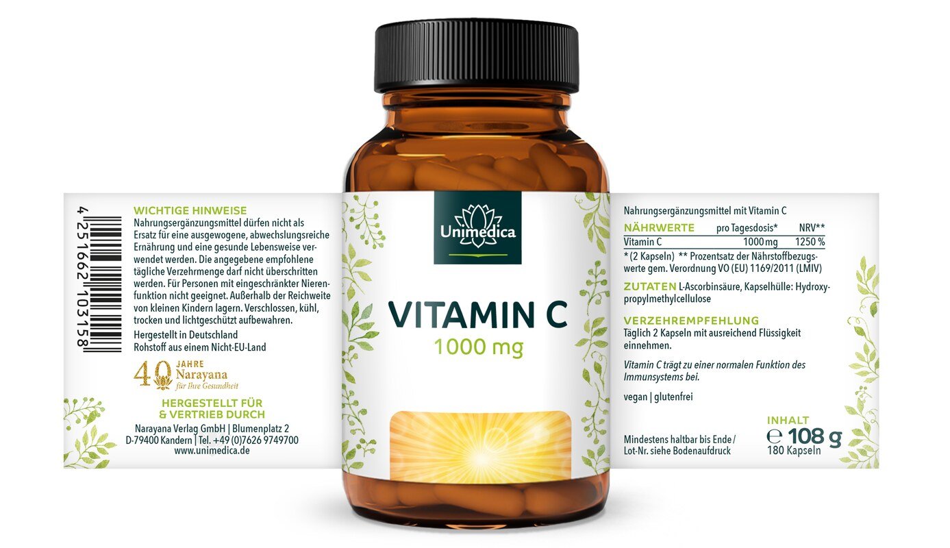 2er-Sparset: Vitamin C - 1.000 mg pro Tagesdosis (2 Kapseln) - 99 % Reinheit - 2 x 180 Kapseln - von Unimedica