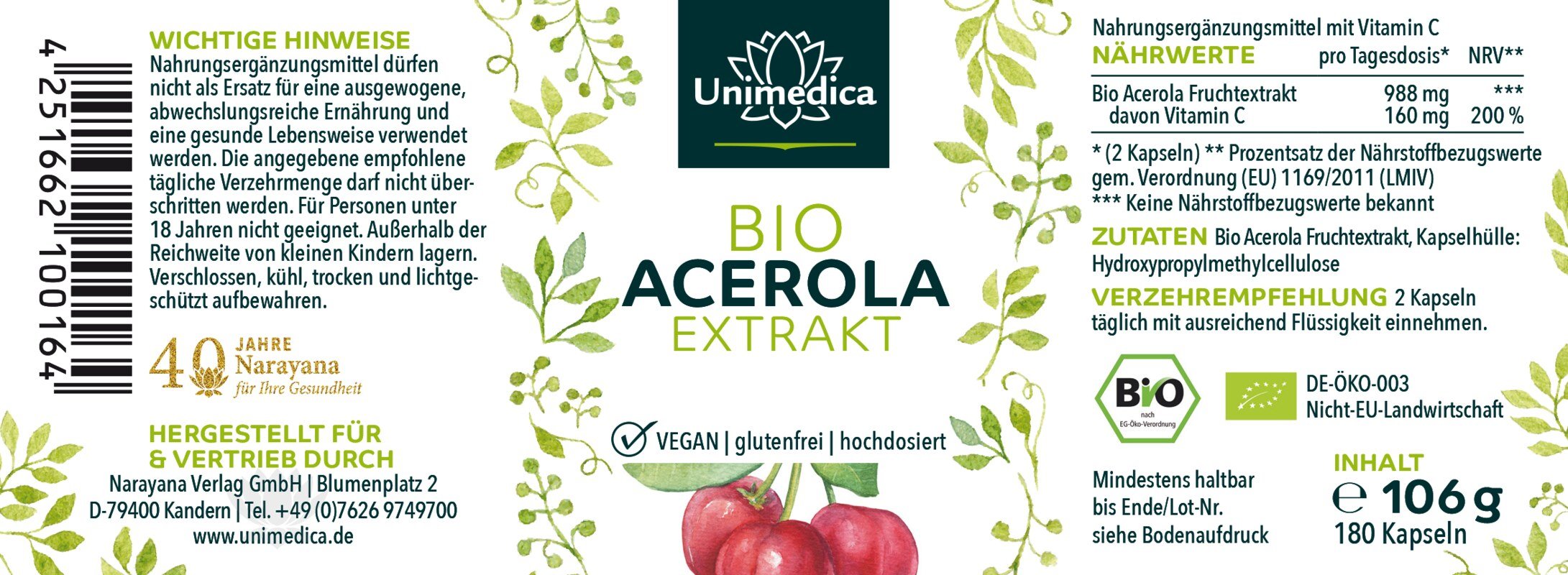 Natürliches Vitamin C - Bio Acerola Extrakt - davon 160 mg Vitamin C - 180 Kapseln - von Unimedica