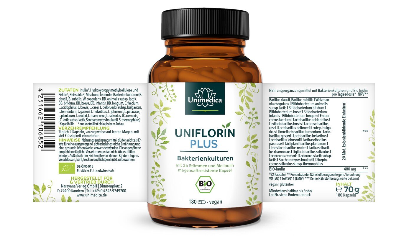 Uniflorin Plus mit Kulturen Komplex aus 26 Bakterienstämmen und Bio Inulin - 20 Mrd. KBE pro Tagesdosis (2 Kapseln) - 180 magensaftresistente Kapseln - von Unimedica