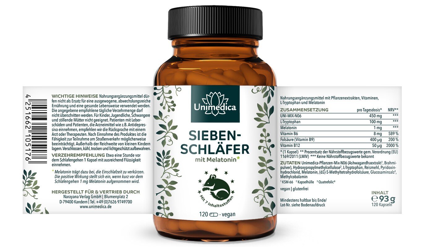 2er-Sparset: Siebenschläfer - Komplex mit Melatonin*, Vitaminen, L-Tryptophan, Bio Ashwagandha und Bio Brahmi - 2 x 120 Kapseln - von Unimedica