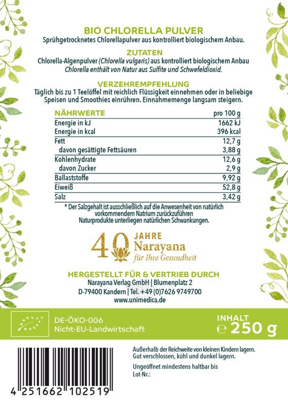 Bio Chlorella Pulver - 250 g -  laborgeprüft und naturrein -  von Unimedica