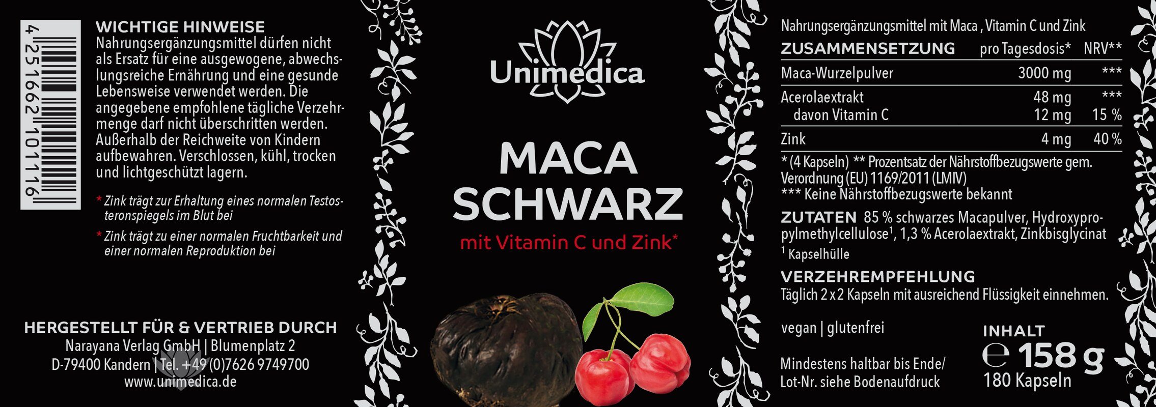 2er-Sparset: Schwarzes Maca mit Vitamin C aus Acerola und Zink - 3.000 mg pro Tagesdosis (4 Kapseln) - 2 x 180 Kapseln - von Unimedica