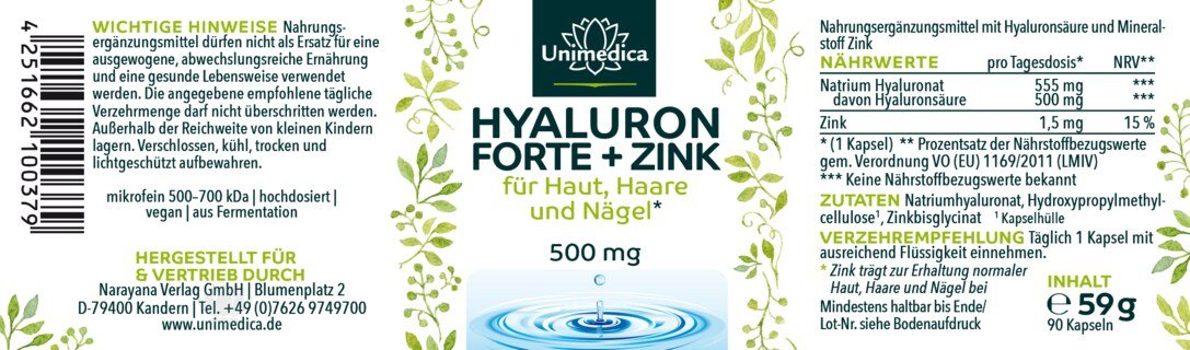 Hyaluron forte - mit Zink für Haut, Haare und Nägel* - 500 mg Hyaluron pro Tagesdosis (1 Kapsel) - hochdosiert - 90 Kapseln - von Unimedica