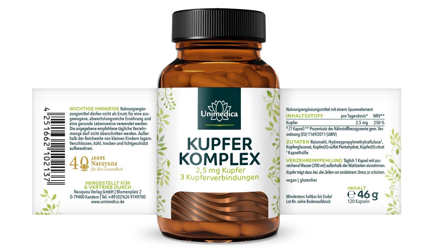 Kupfer Komplex - 2,5 mg pro Tagesdosis (1 Kapsel) - mit 3 Kupferverbindungen - 120 Kapseln - von Unimedica