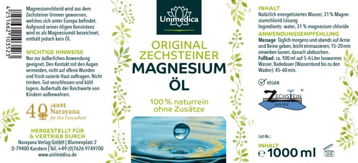 Magnesium Öl - Original Zechsteiner - 1000 ml - von Unimedica