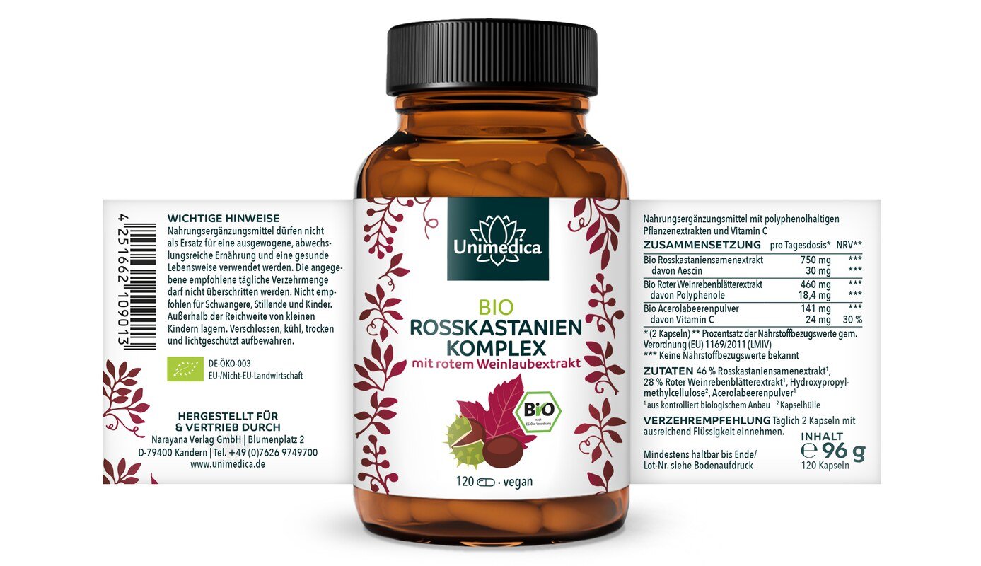 Bio Rosskastanien Komplex mit rotem Weinlaub und Acerola - 120 Kapseln - von Unimedica