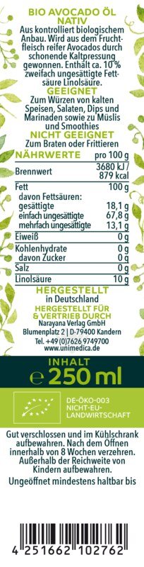 Bio Avocadoöl nativ - 250 ml - von Unimedica