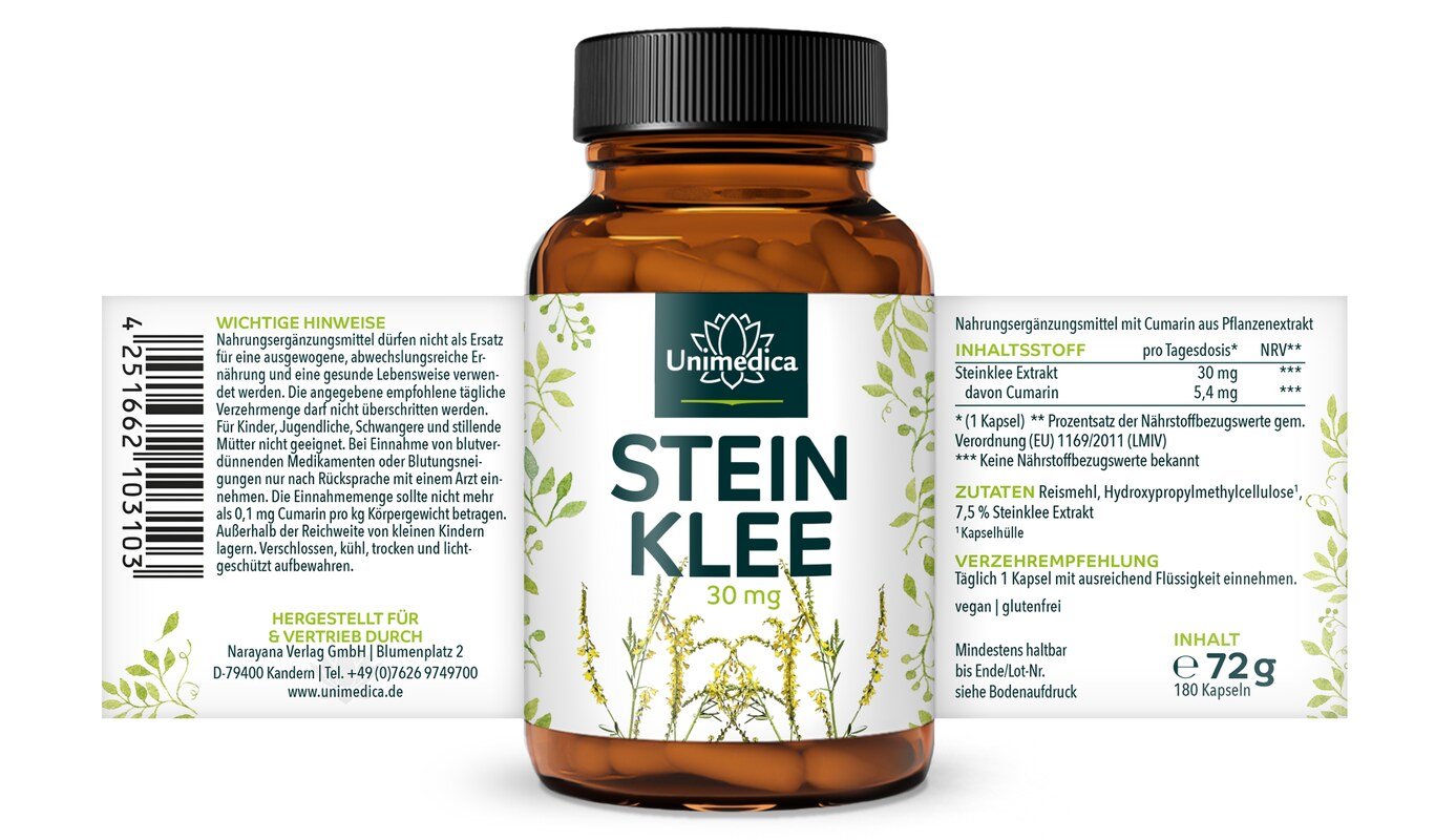 Steinklee Extrakt - 30 mg Tagesdosis (1 Kapsel) - mit 18 % Cumarin - 180 Kapseln - von Unimedica