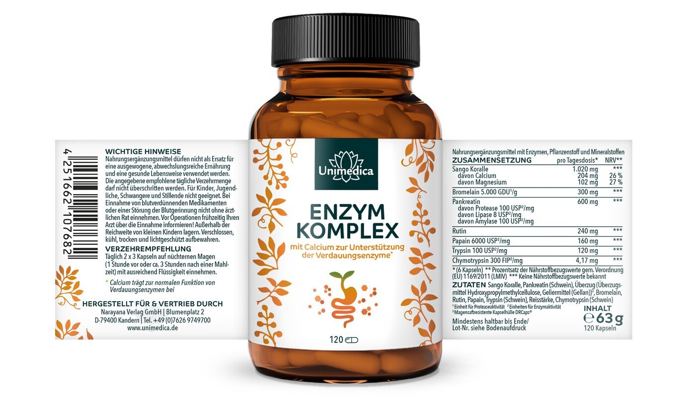 Enzym-Komplex - mit Calcium - 120 Kapseln - von Unimedica