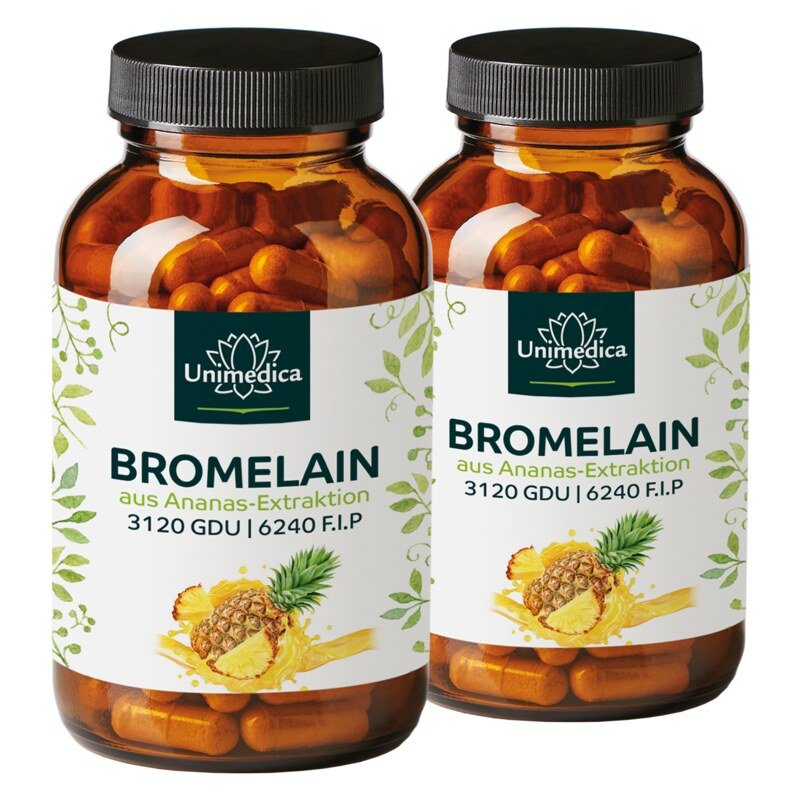 2er-Sparset: Bromelain - 1040 mg und 3.120 GDU | 6.240 F.I.P. pro Tagesdosis (2 Kapseln) - mit magensaftresistenten DR® Caps - 2 x 120 Kapseln - von Unimedica