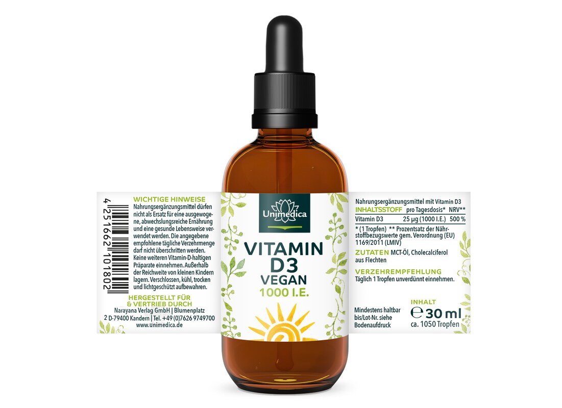 Veganes Vitamin D3 - aus Flechten - 1.000 I.E./25 µg pro Tagesdosis - 30 ml - von Unimedica