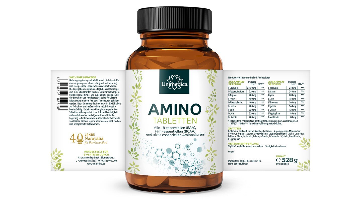 2er-Sarset: Amino Tabletten - 2 x 500 Tabletten à 1.000 mg - alle 18 essenziellen (EAA), semi-essenziellen (BCAA) und nicht-essenziellen Aminosäuren - von Unimedica