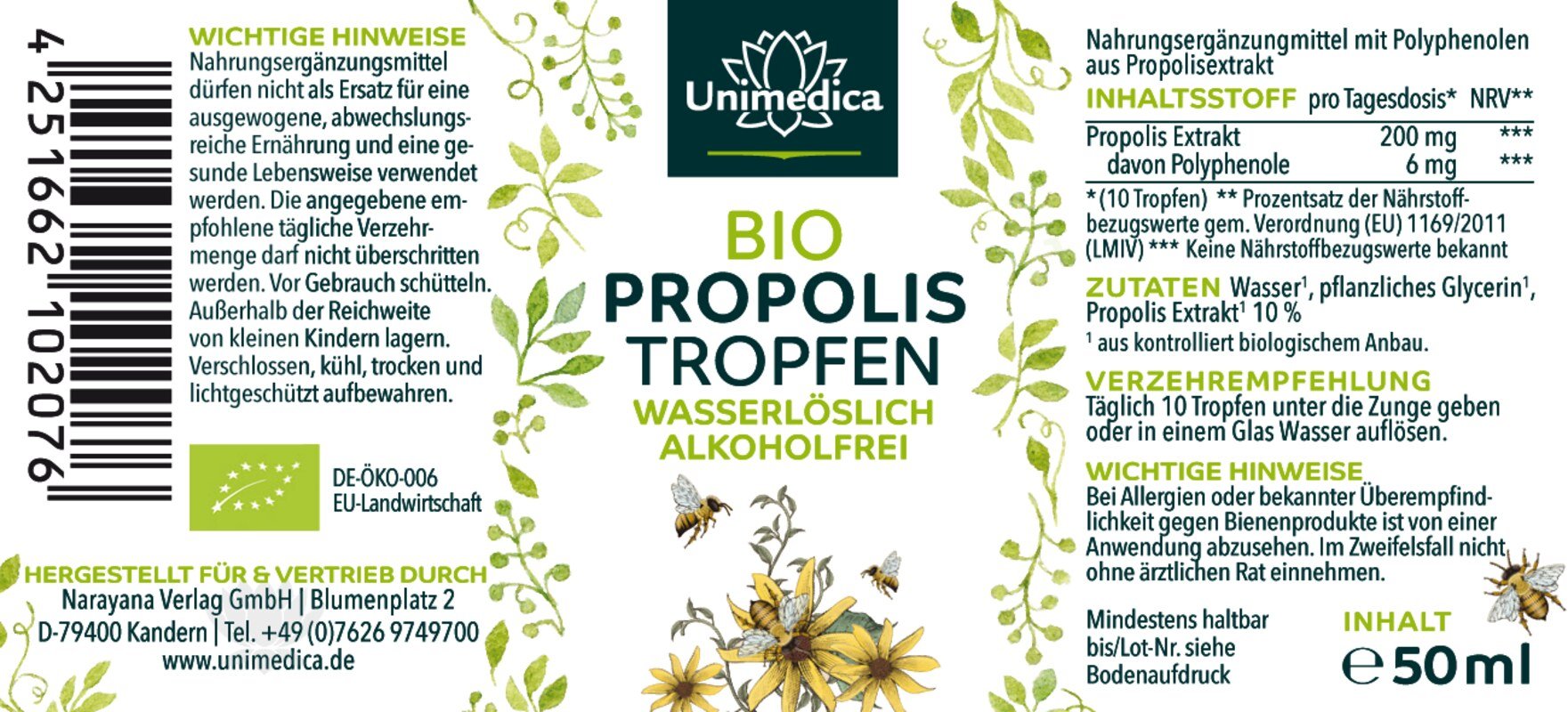 Bio Propolis Tropfen - Extrakt 10 % - 50 ml - von Unimedica