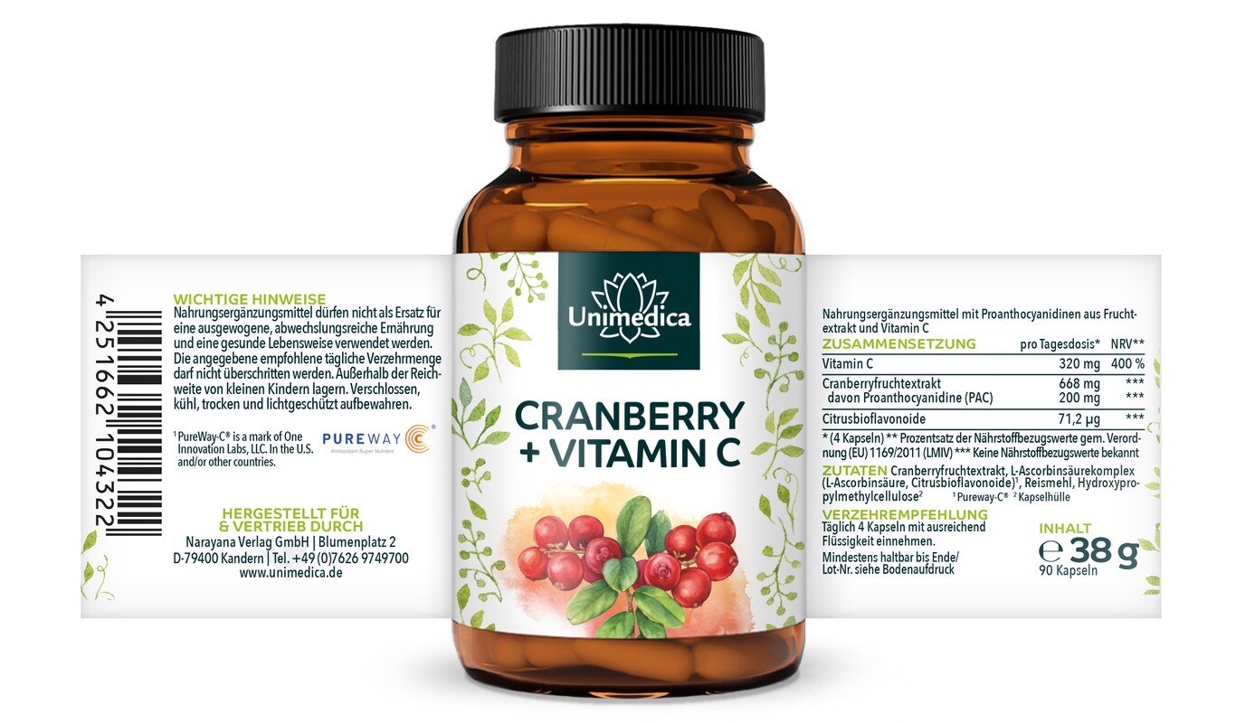 Cranberry Extrakt - 668 mg pro Tagesdosis (4 Kapseln) - mit Vitamin C - 90 Kapseln - von Unimedica