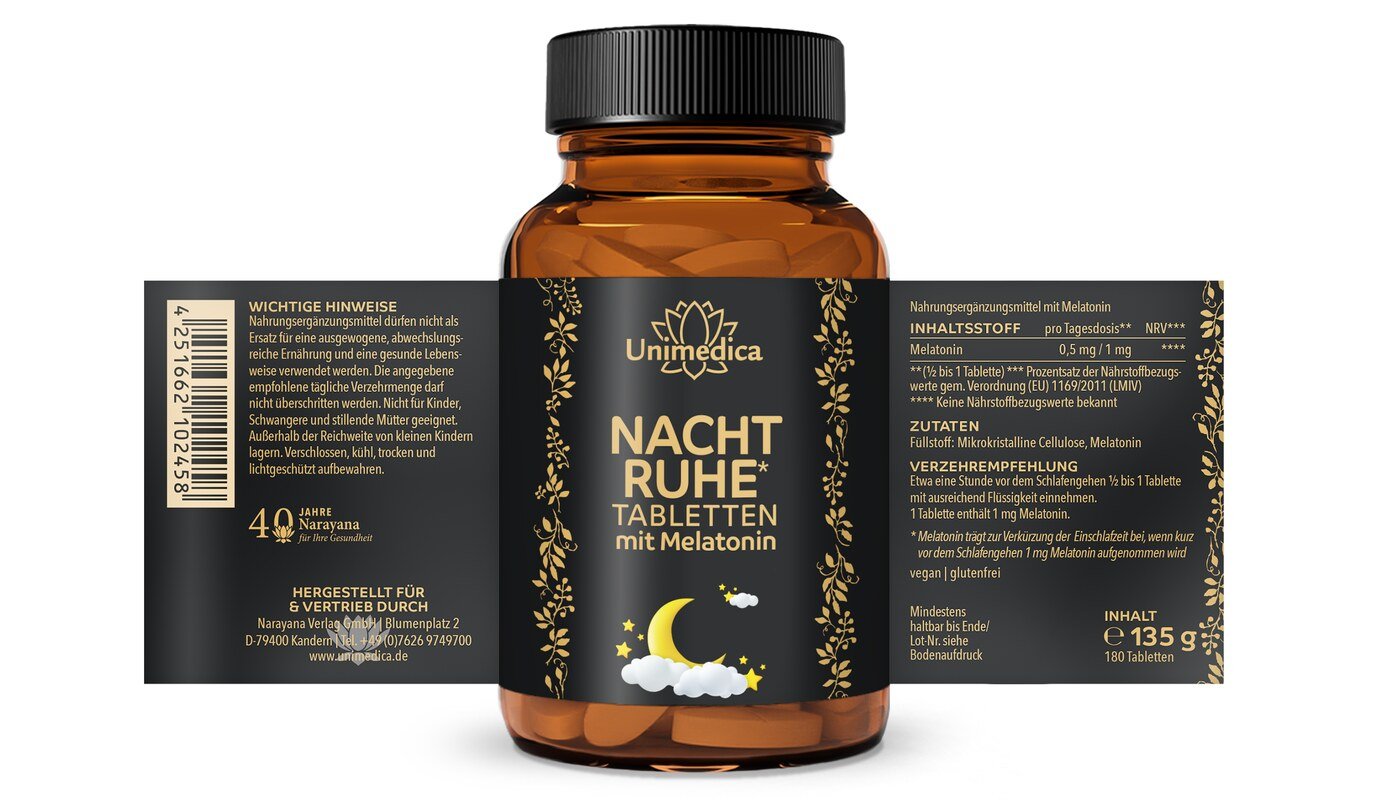 Set: Nachtruhe Tabletten mit Melatonin + Bio Ashwagandha KSM 66®  - 180 Tabletten + 120 Kapseln - von Unimedica
