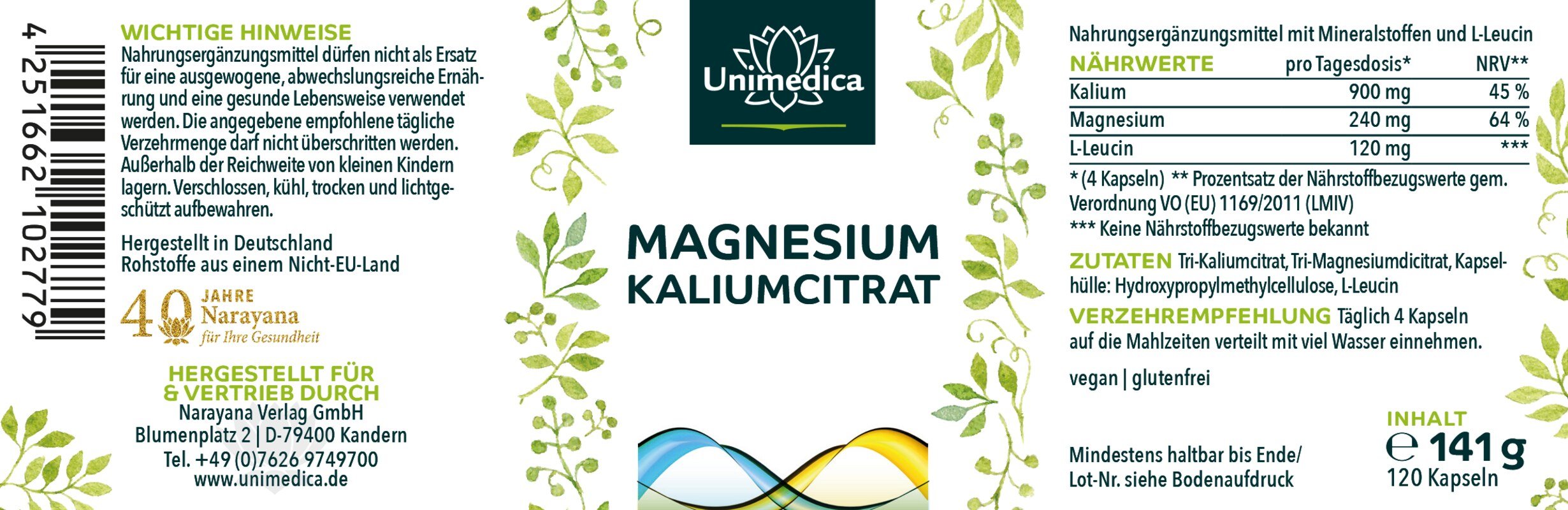Magnesium Kalium Citrat - 900 mg Kalium und 240 mg Magnesium pro Tagesdosis (4 Kapseln) - 120 Kapseln - von Unimedica