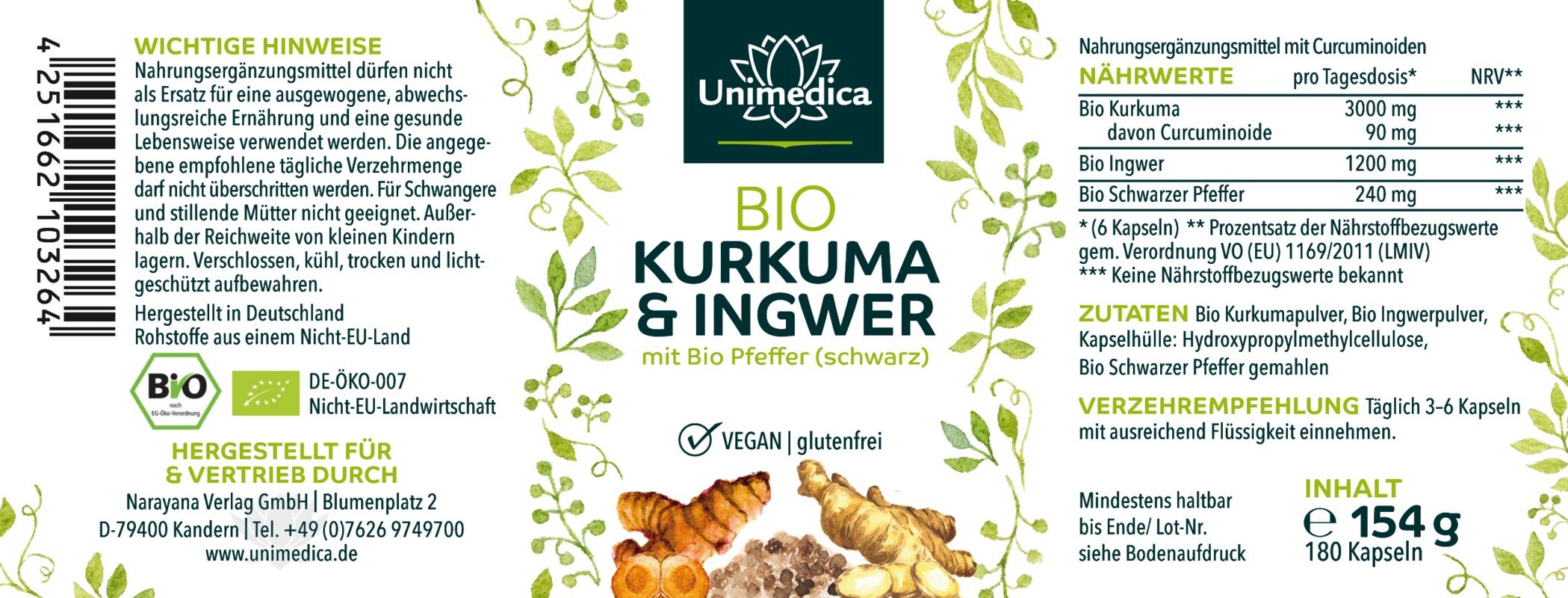 Bio Kurkuma & Ingwer mit Bio Pfeffer (schwarz) - 180 Kapseln - von Unimedica