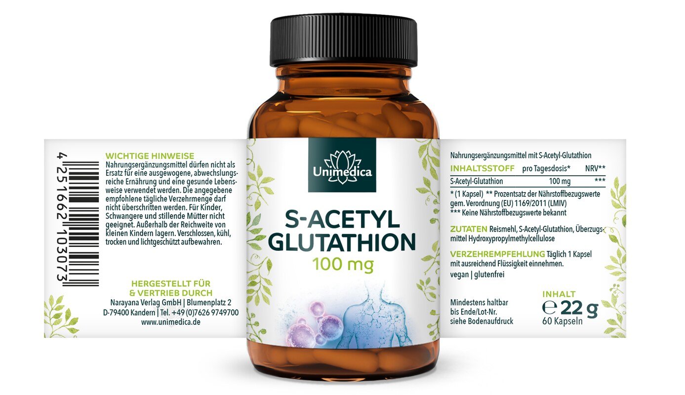 S-Acetyl-Glutathion - stabile Glutathionform - 100 mg pro Tagesdosis (1 Kapsel) - 60 Kapseln - von Unimedica