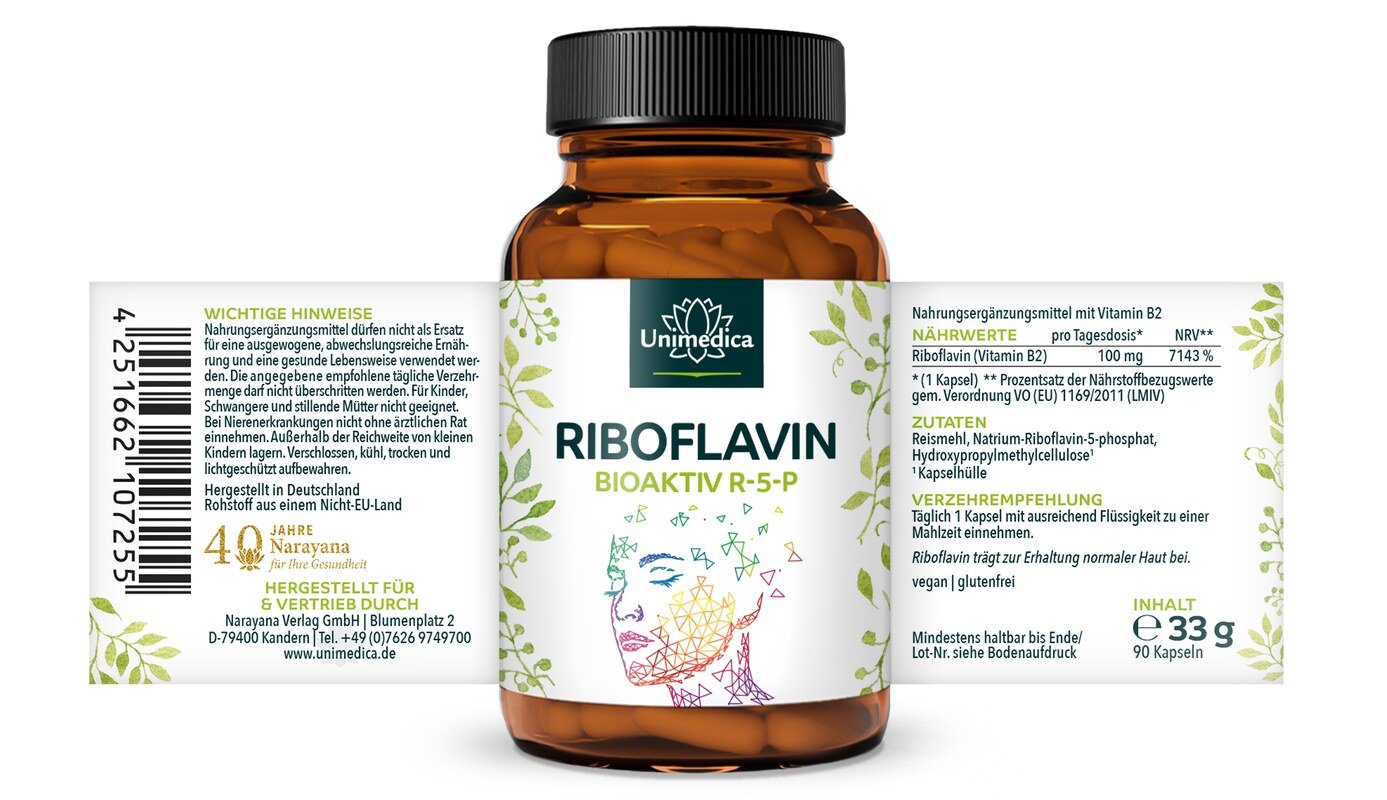 Riboflavin bioaktiv - Natrium-Riboflavin-5-phosphat (R-5-P) - 100 mg Vitamin B2 pro Tagesdosis (1 Kapsel) - 90 Kapseln - von Unimedica