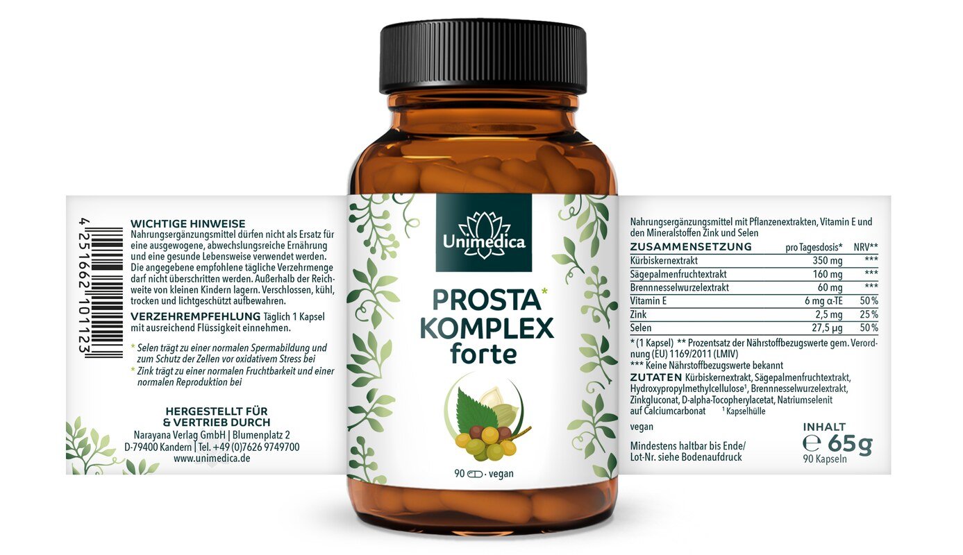 Prosta* Komplex forte - mit Kürbiskernextrakt, Sägepalmenextrakt und Brennnesselwurzel - 90 Kapseln - von Unimedica