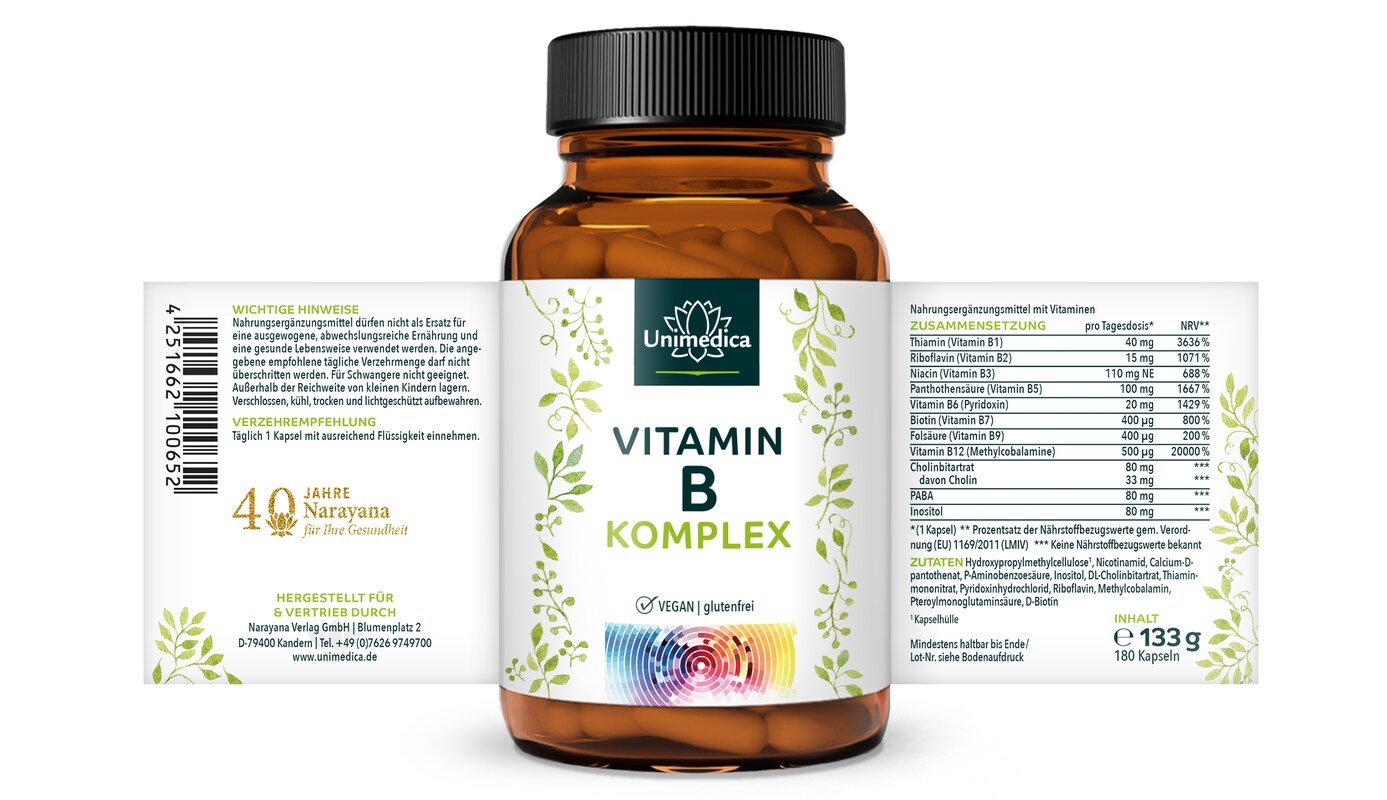 2er-Sparset: Vitamin B Komplex - hochdosiert - 2 x 180 Kapseln - mit Kofaktoren - von Unimedica