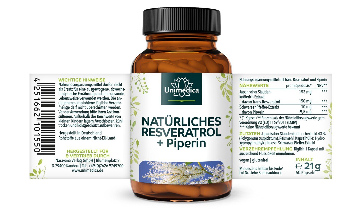 Natürliches Resveratrol + Piperin - 150 mg pro Tagesdosis (1 Kapsel) - mit 98 % Trans-Resveratrol aus Japanischem Staudenknöterich Extrakt - 60 Kapseln - von Unimedica