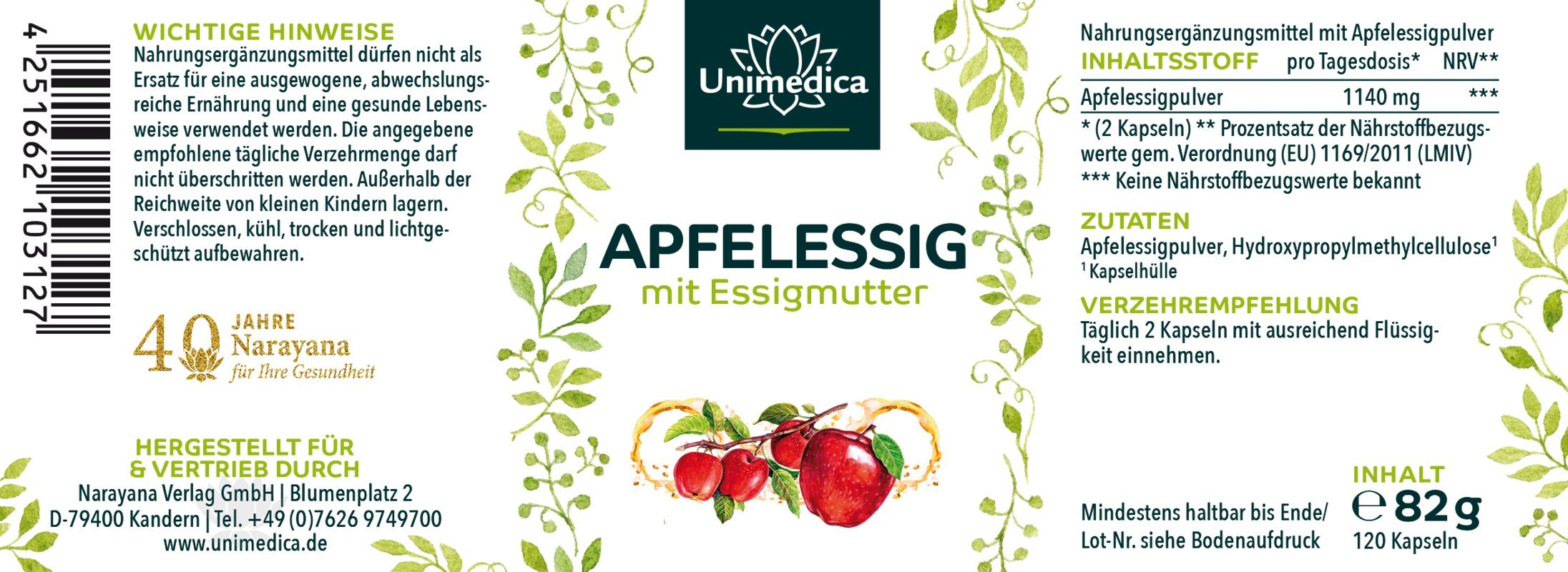 Apfelessig mit Essigmutter - 1140 mg Apfelessigpulver pro Tagesdosis (2 Kapseln) - 120 Kapseln - von Unimedica