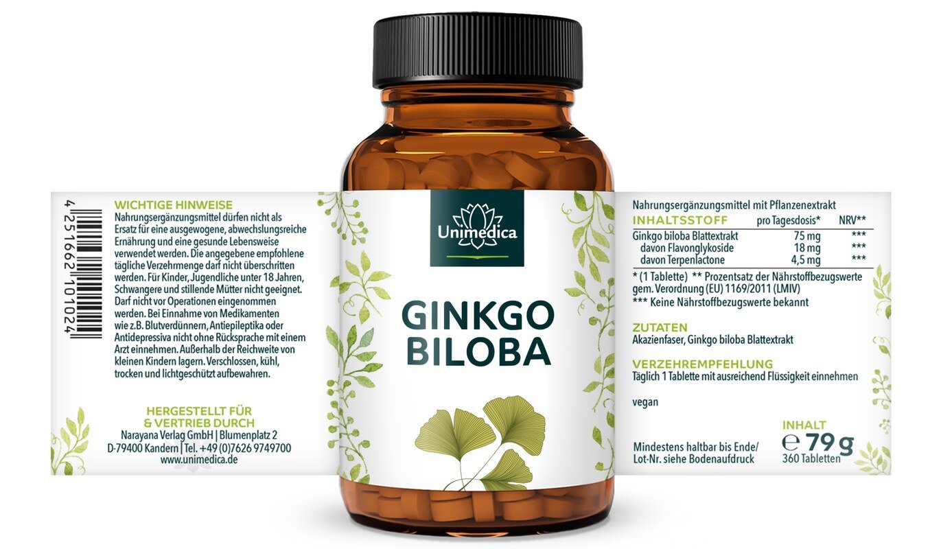 Ginkgo Biloba - 75 mg pro Tagesdosis (1 Tablette) - 360 Tabletten - von Unimedica
