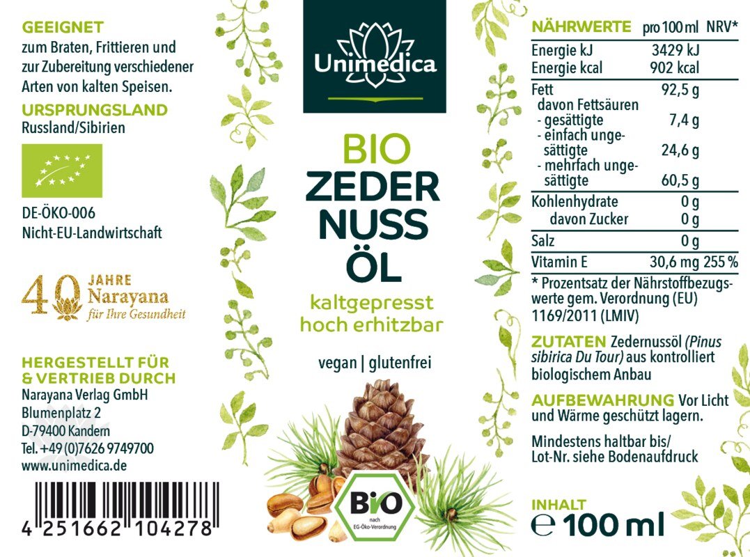 Zedernussöl kaltgepresst Bio - Sibirien - 100 ml - von Unimedica