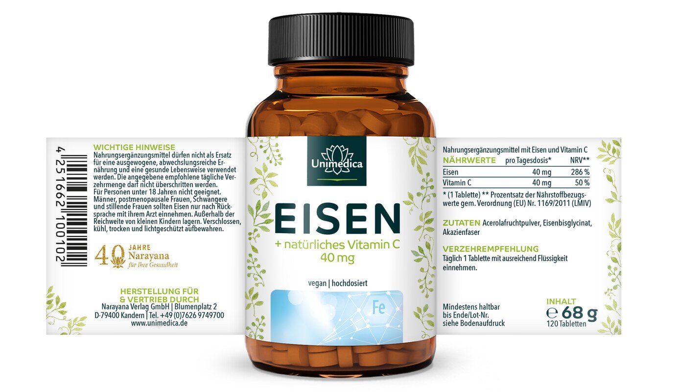 2er-Sparset : Eisen Bisglycinat - 40 mg Eisen und 40 mg Vitamin C pro Tagesdosis (1 Tablette) - hochdosiert - 2 x 120 Tabletten - von Unimedica