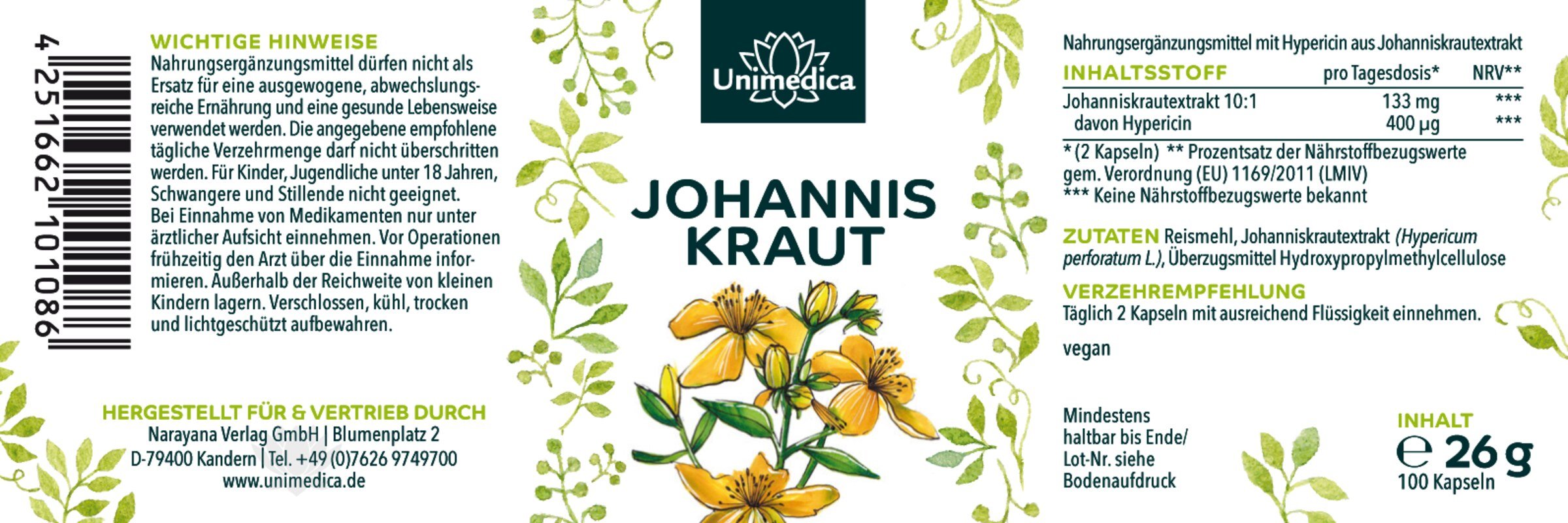 2er-Sparset: Johanniskraut Extrakt - 10 : 1 Konzentration - 133 mg pro Tagesdosis (2 Kapseln) - 2 x 100 Kapseln - von Unimedica