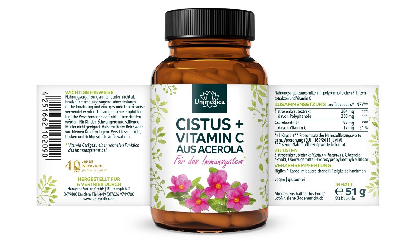2er-Sparset: Cistus + Vitamin C aus Acerola - 384 mg Cistus pro Tagesdosis (1 Kapsel) - 2 x 90 Kapseln - von Unimedica