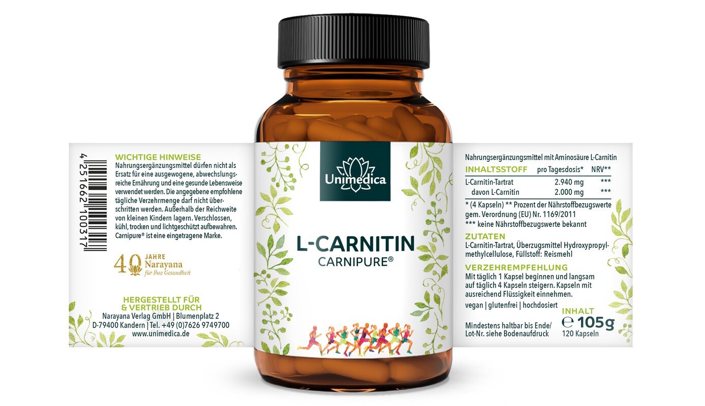 L-Carnitin (Carnipure®) - 2.000 mg pro Tagesdosis (4 Kapseln) - 120 Kapseln - von Unimedica