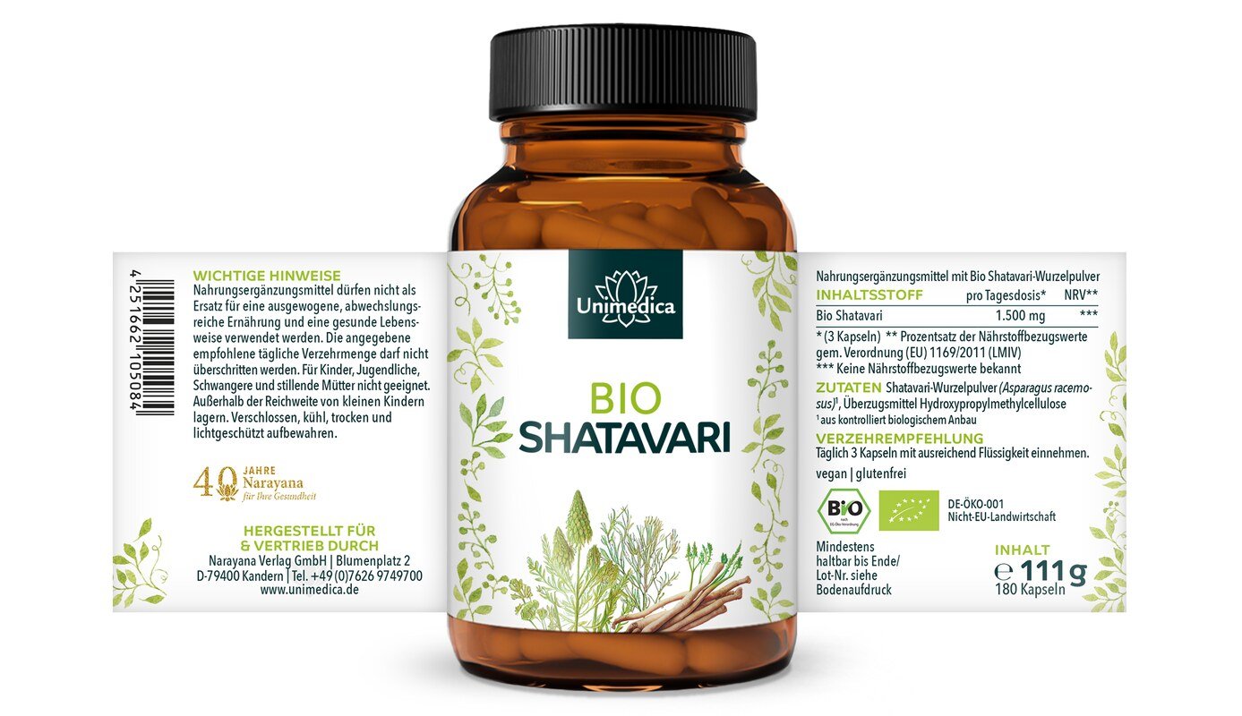 Bio Shatavari - 1.500 mg pro Tagesdosis (3 Kapseln) - 180 Kapseln - von Unimedica