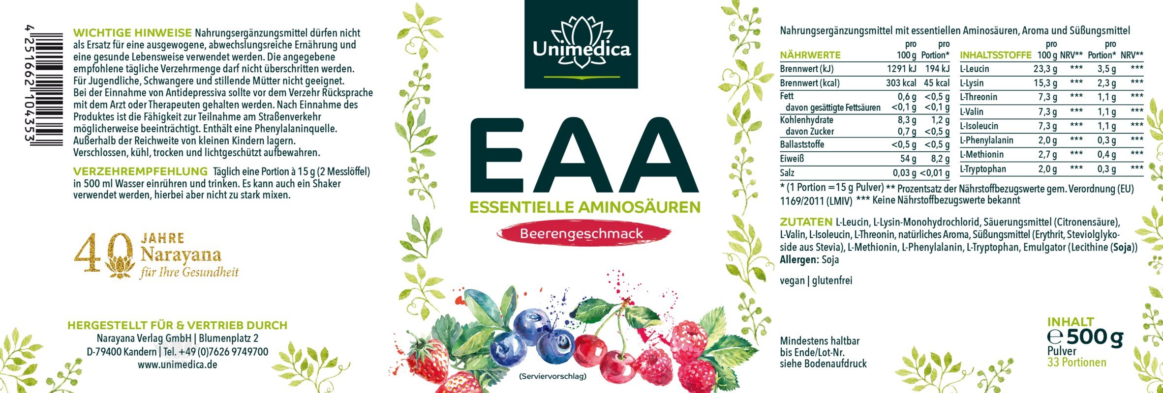 2er-Sparset: EAA - Essentielle Aminosäuren - Pulver mit Beerengeschmack - 2 x 500 g - von Unimedica