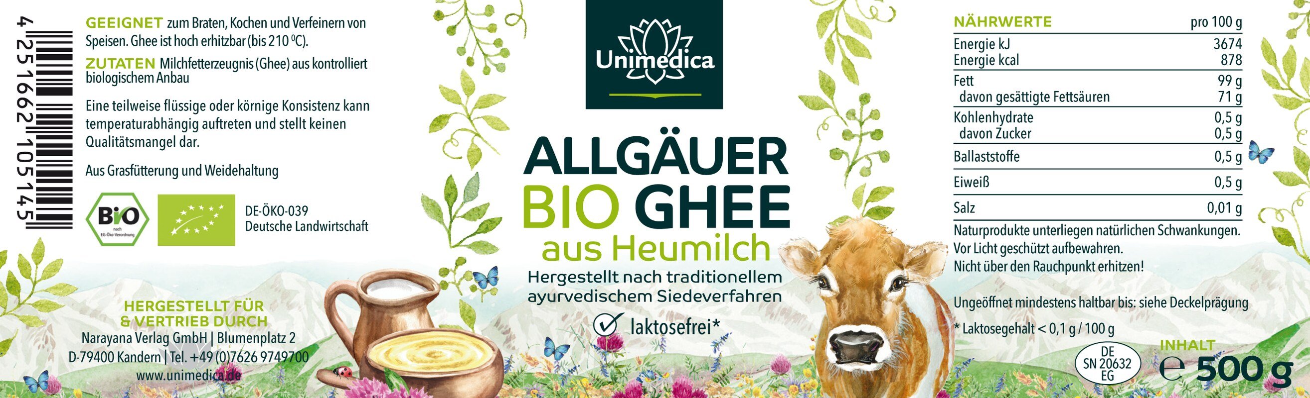 Bio Ghee - Heumilch aus dem Allgäu - aus Grasfütterung und Weidehaltung - 500 g - von Unimedica