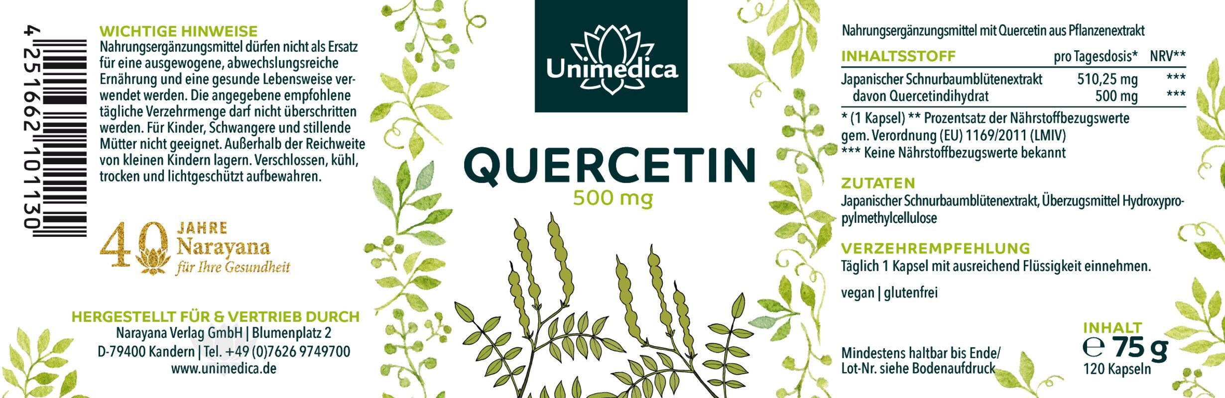 Quercetin - 500 mg pro Tagesdosis (1 Kapsel) - 120 Kapseln - von Unimedica