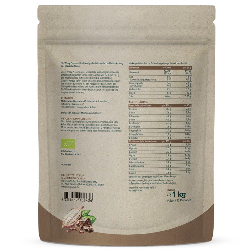 Bio Whey Protein - Schokolade - 67 % Protein - 1 kg - von Unimedica