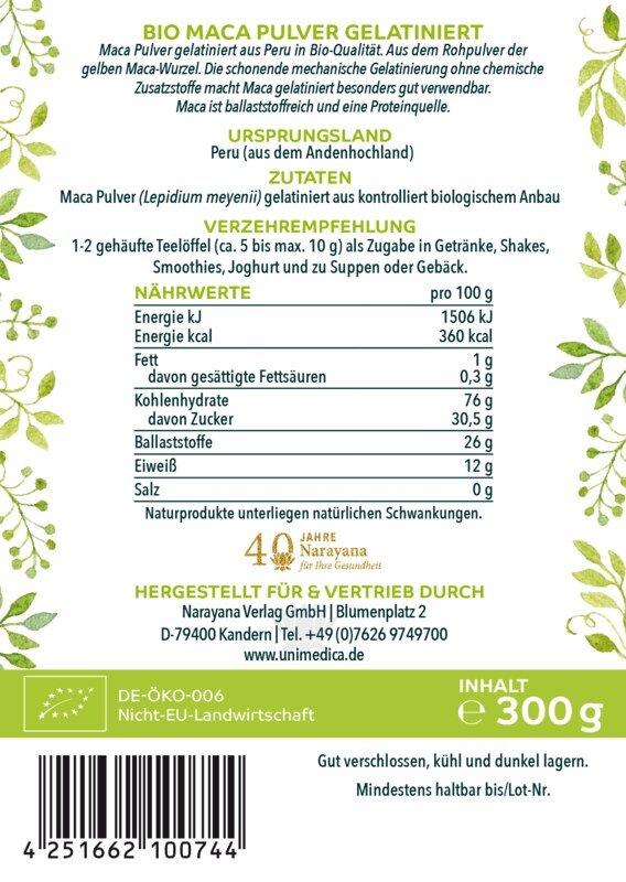 Bio Maca Pulver - gelatiniert - 300 g - von Unimedica