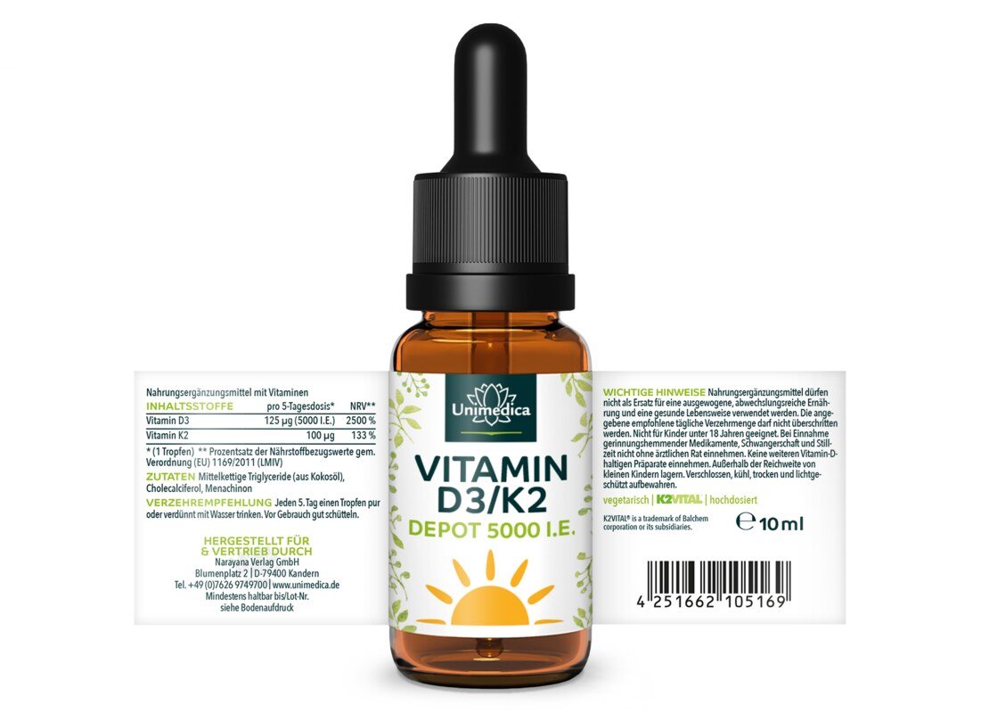Vitamin D3 / K2 5000 I.E. - DEPOT - K2VITAL® - 125 µg D3 und 100 µg K2 pro 5-Tagesdosis (1 Tropfen) - 10 ml - von Unimedica