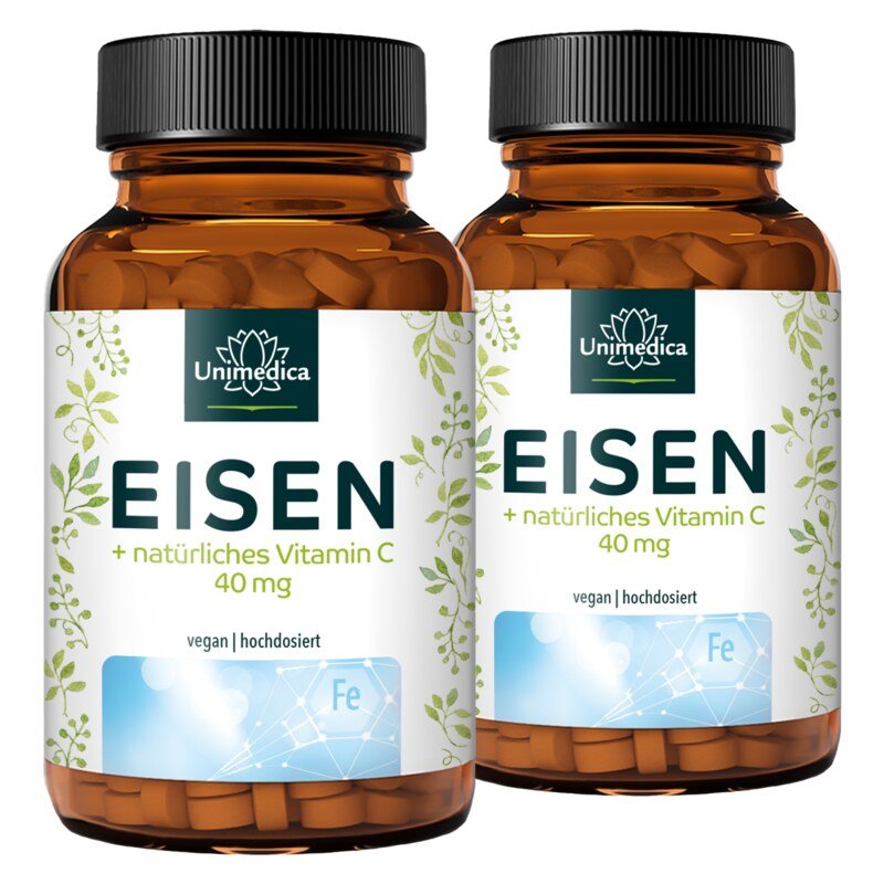 2er-Sparset : Eisen Bisglycinat - 40 mg Eisen und 40 mg Vitamin C pro Tagesdosis (1 Tablette) - hochdosiert - 2 x 120 Tabletten - von Unimedica