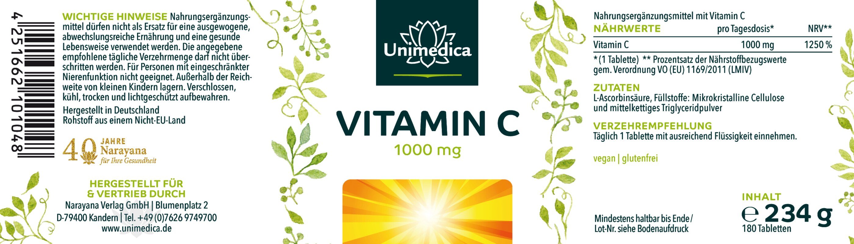 Vitamin C - 1000 mg pro Tagesdosis (1 Tablette) - 99 % Reinheit - hochdosiert - 180 Tabletten - von Unimedica